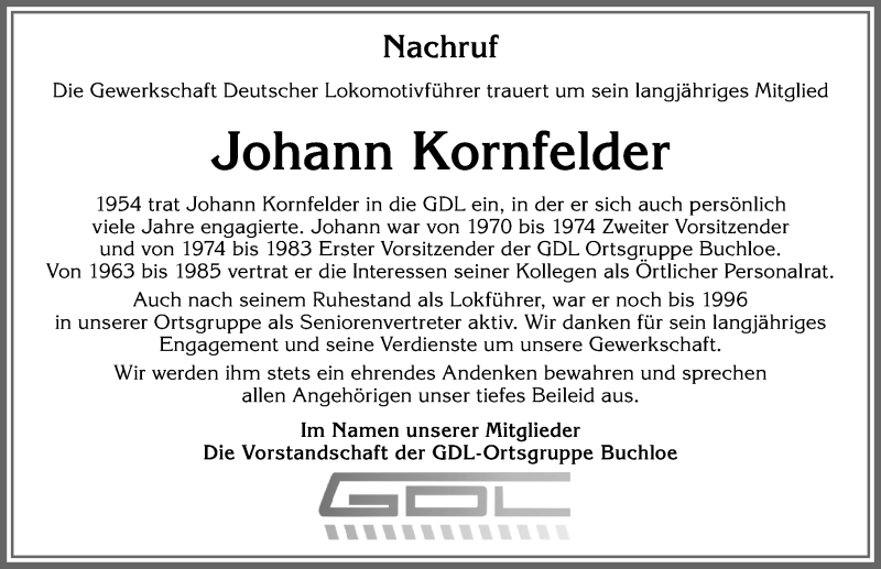 Traueranzeige von Johann Kornfelder von Allgäuer Zeitung, Kaufbeuren/Buchloe