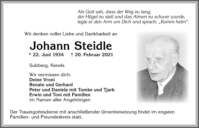 Traueranzeige von Johann Steidle von Allgäuer Zeitung,Kempten