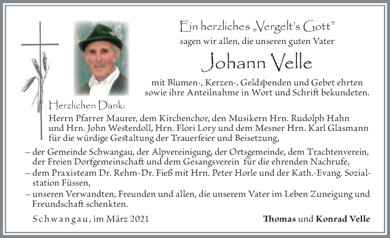 Traueranzeige von Johann Velle von Allgäuer Zeitung, Füssen