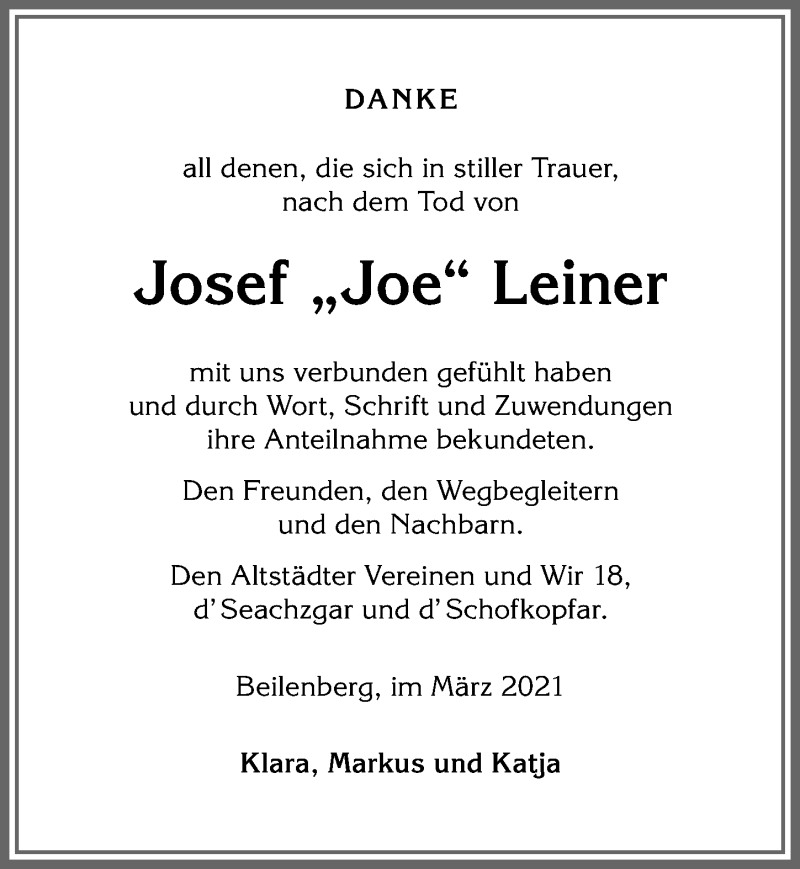 Traueranzeige von Josef Leiner von Allgäuer Anzeigeblatt