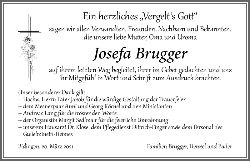 Traueranzeige von Josefa Brugger von Allgäuer Zeitung, Marktoberdorf