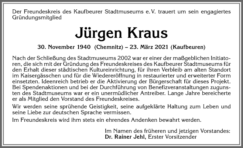 Traueranzeige von Jürgen Kraus von Allgäuer Zeitung, Kaufbeuren/Buchloe