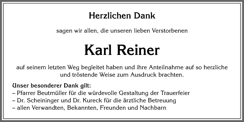 Traueranzeige von Karl Reiner von Allgäuer Zeitung,Kempten