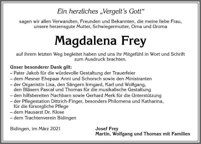 Traueranzeige von Magdalena Frey von Allgäuer Zeitung, Marktoberdorf