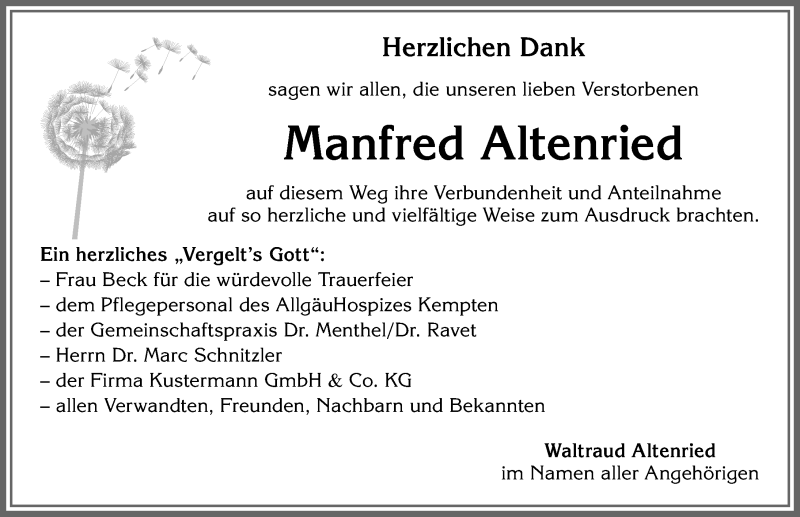 Traueranzeige von Manfred Altenried von Allgäuer Zeitung,Kempten