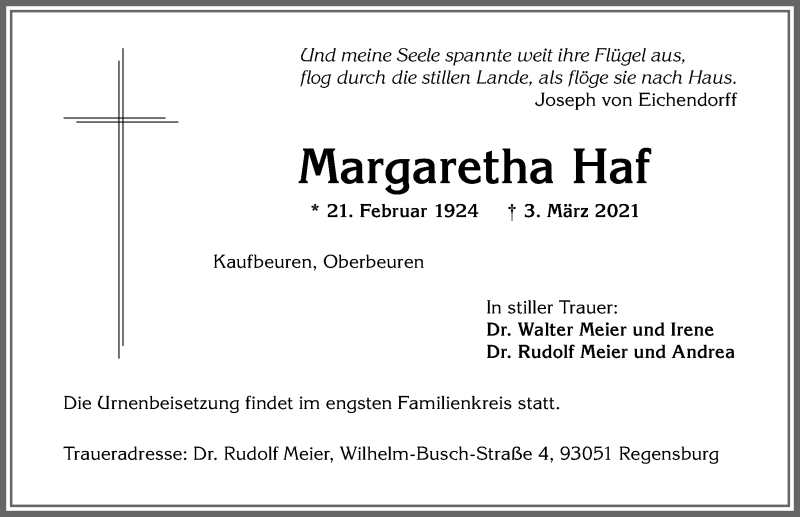 Traueranzeige von Margaretha Haf von Allgäuer Zeitung, Kaufbeuren/Buchloe