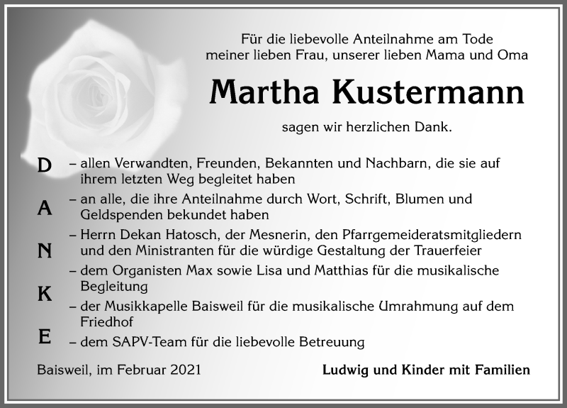 Traueranzeige von Martha Kustermann von Allgäuer Zeitung, Kaufbeuren/Buchloe