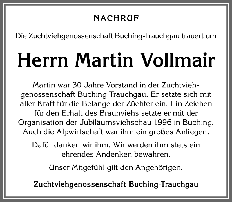 Traueranzeige von Martin Vollmair von Allgäuer Zeitung, Füssen