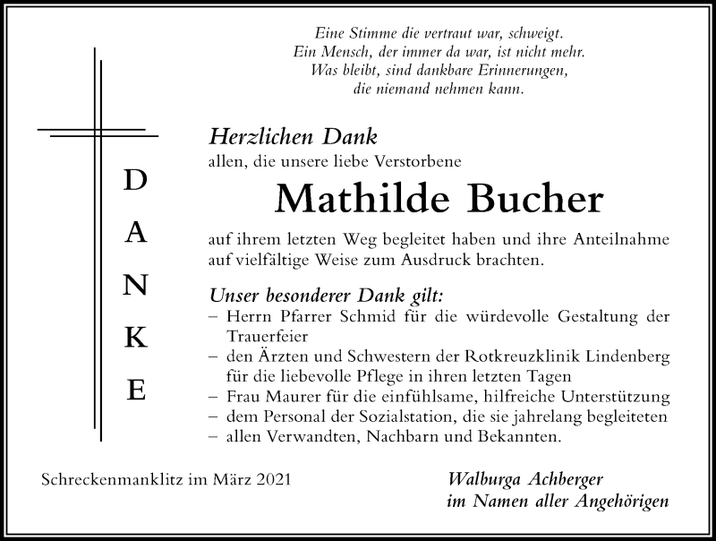 Traueranzeige von Mathilde Bucher von Der Westallgäuer