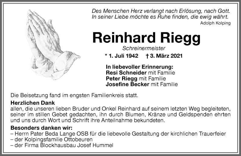 Traueranzeige von Reinhard Riegg von Memminger Zeitung