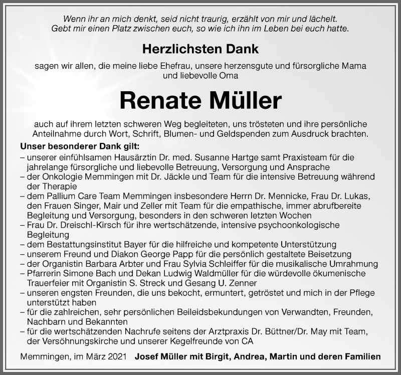 Traueranzeige von Renate Müller von Memminger Zeitung