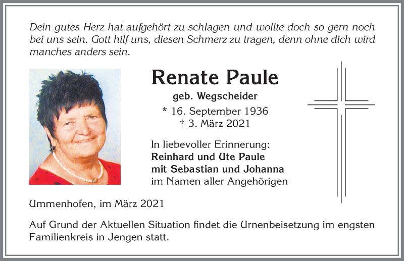 Traueranzeige von Renate Paule von Allgäuer Zeitung, Kaufbeuren/Buchloe