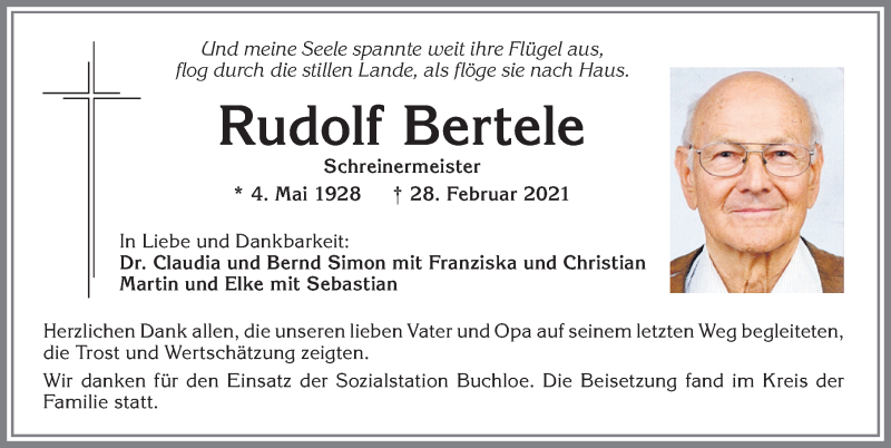 Traueranzeige von Rudolf Bertele von Allgäuer Zeitung, Kaufbeuren/Buchloe