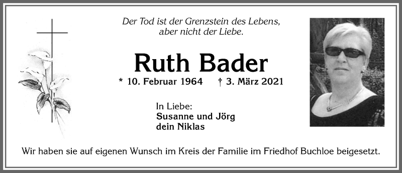 Traueranzeige von Ruth Bader von Allgäuer Zeitung, Kaufbeuren/Buchloe