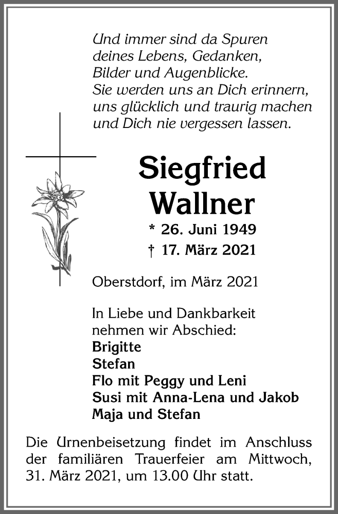 Traueranzeigen Von Siegfried Wallner Augsburger Allgemeine Zeitung