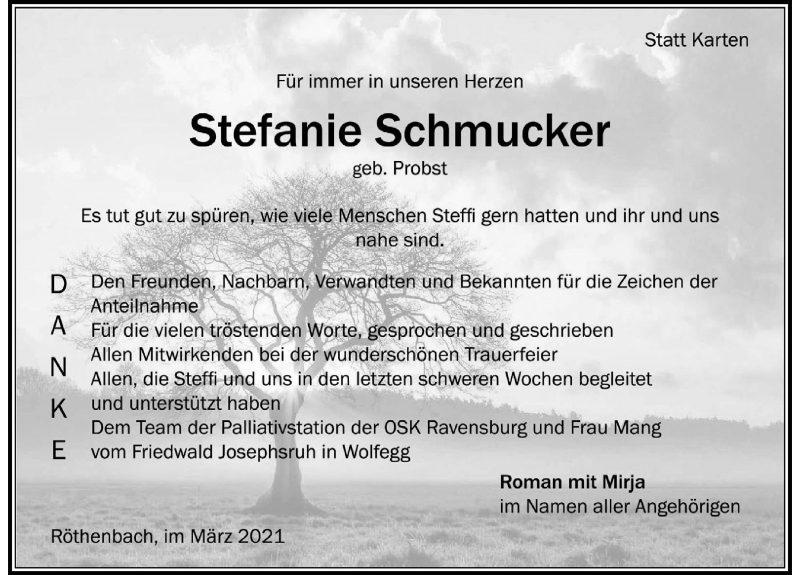 Traueranzeige von Stefanie Schmucker von Der Westallgäuer