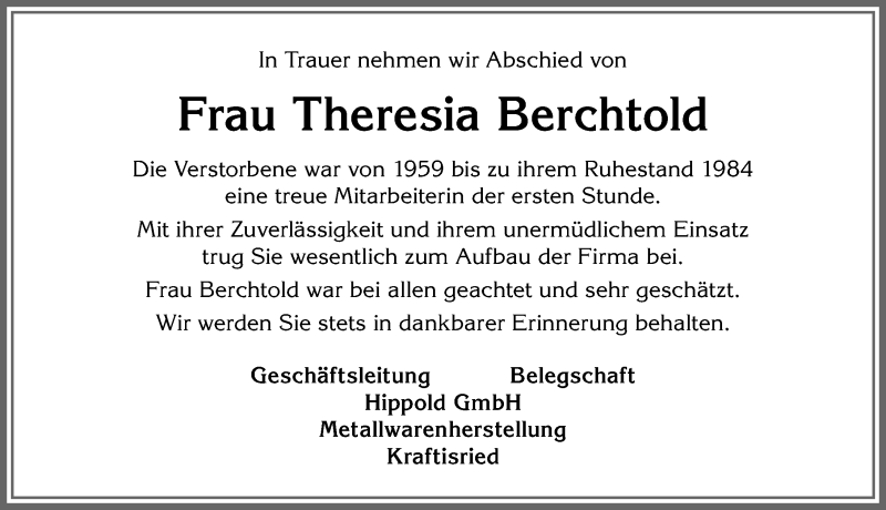 Traueranzeige von Theresia Berchtold von Allgäuer Zeitung, Marktoberdorf