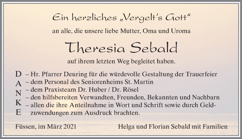 Traueranzeige von Theresia Sebald von Allgäuer Zeitung, Füssen