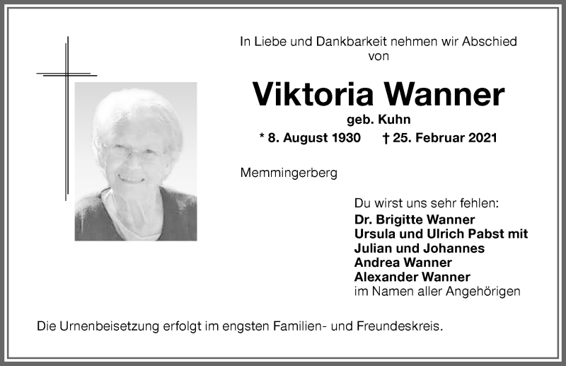 Traueranzeige von Viktoria Wanner von Memminger Zeitung