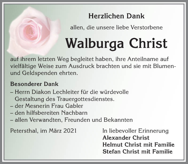 Traueranzeige von Walburga Christ von Allgäuer Zeitung,Kempten