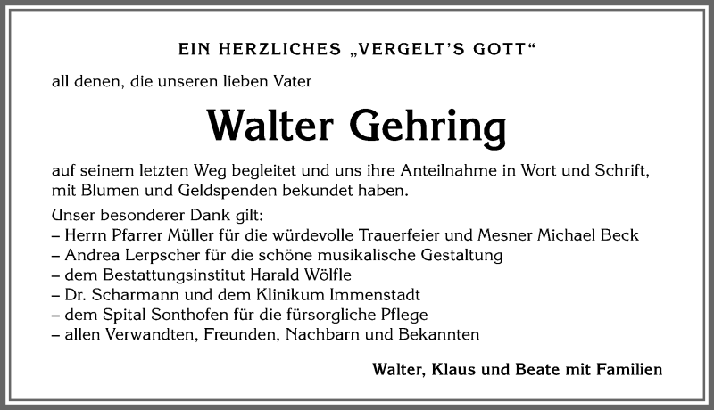 Traueranzeige von Walter Gehring von Allgäuer Anzeigeblatt