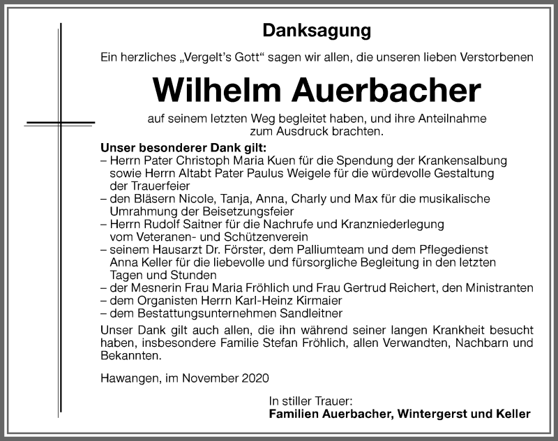 Traueranzeige von Wilhelm Auerbacher von Memminger Zeitung