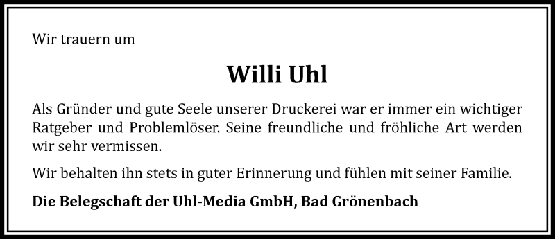 Traueranzeige von Willi Uhl von Allgäuer Zeitung