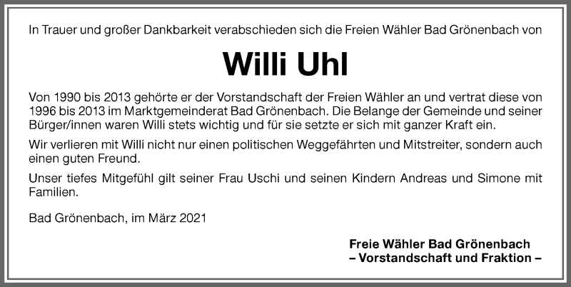 Traueranzeige von Willi Uhl von Memminger Zeitung