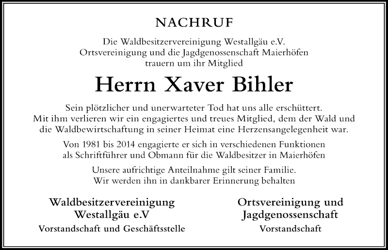 Traueranzeige von Xaver Bihler von Der Westallgäuer