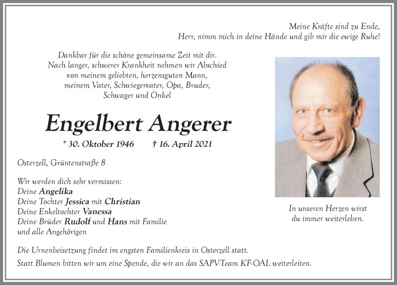 Traueranzeige von Engelbert Angerer von Allgäuer Zeitung, Kaufbeuren/Buchloe