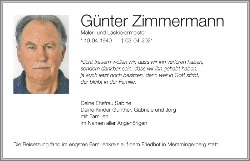 Traueranzeige von Günter Zimmermann von Memminger Zeitung