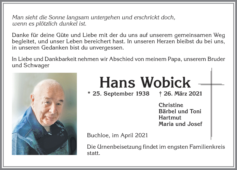 Traueranzeige von Hans Wobick von Allgäuer Zeitung, Kaufbeuren/Buchloe