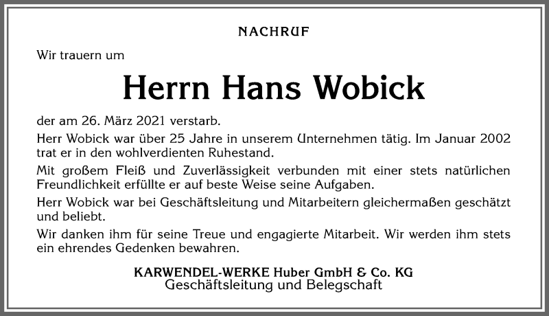 Traueranzeige von Hans Wobick von Allgäuer Zeitung, Kaufbeuren/Buchloe