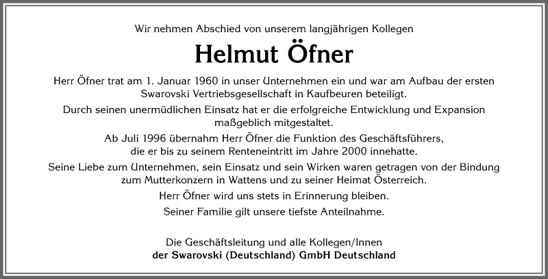 Traueranzeige von Helmut Öfner von Allgäuer Zeitung, Kaufbeuren/Buchloe