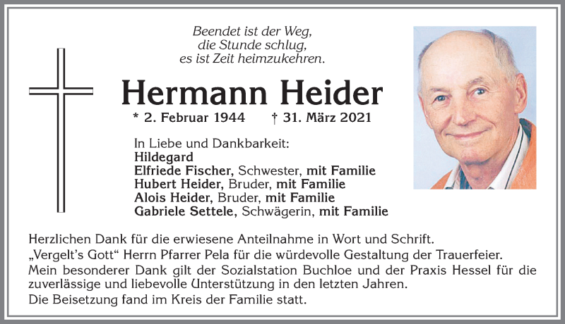 Traueranzeige von Hermann Heider von Allgäuer Zeitung, Kaufbeuren/Buchloe