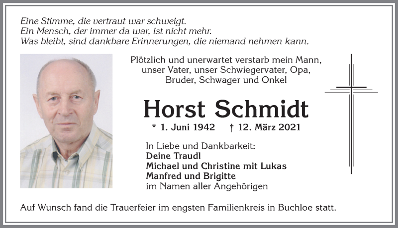 Traueranzeige von Horst Schmidt von Allgäuer Zeitung, Kaufbeuren/Buchloe