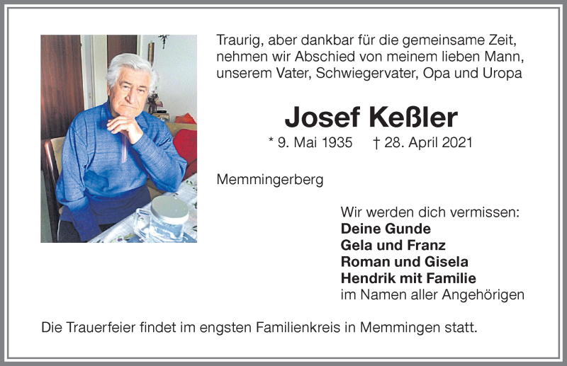 Traueranzeige von Josef Keßler von Memminger Zeitung