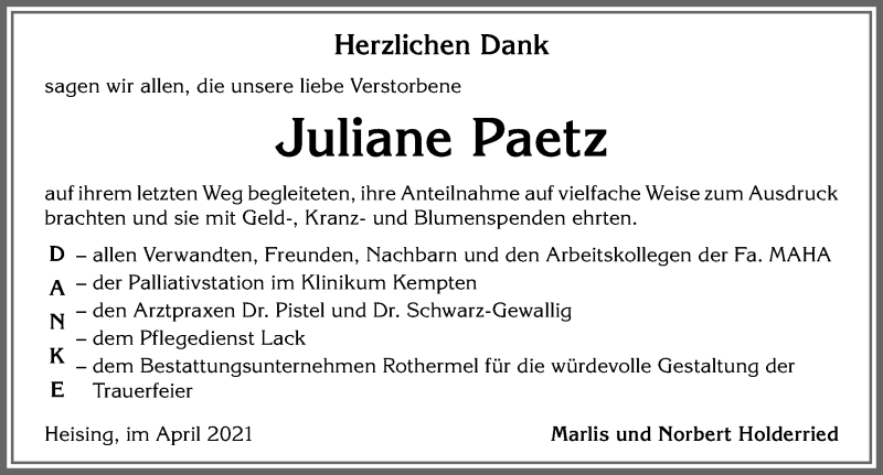 Traueranzeige von Juliane Paetz von Allgäuer Zeitung,Kempten