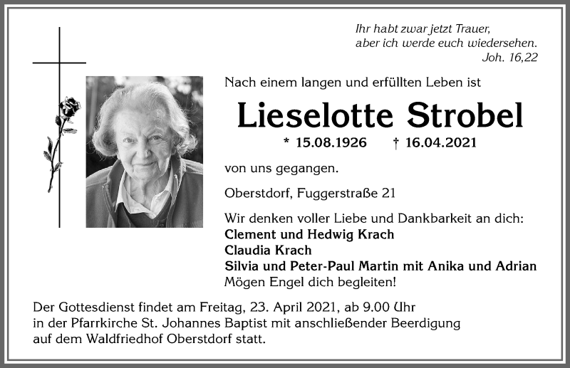Traueranzeige von Lieselotte Strobel von Allgäuer Anzeigeblatt