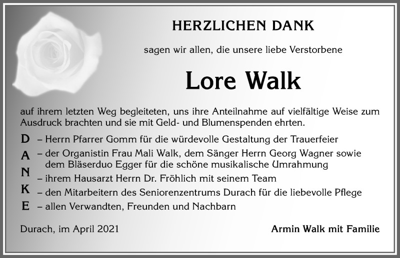 Traueranzeige von Lore Walk von Allgäuer Zeitung,Kempten