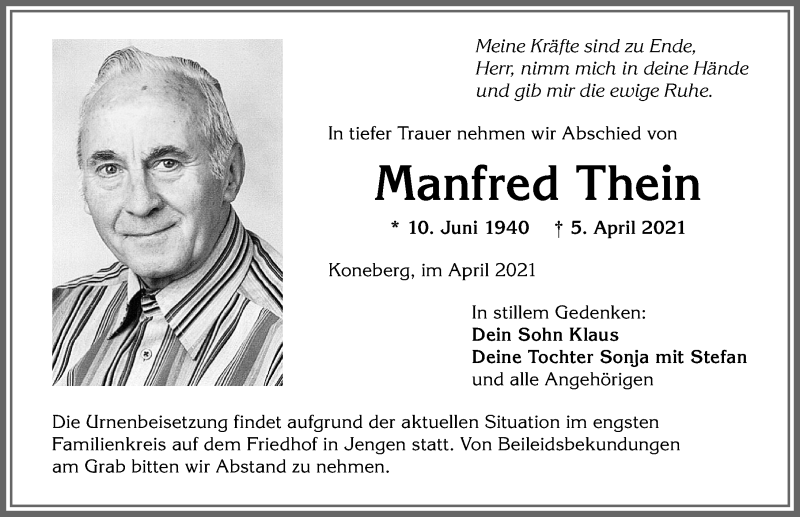 Traueranzeige von Manfred Thein von Allgäuer Zeitung, Kaufbeuren/Buchloe