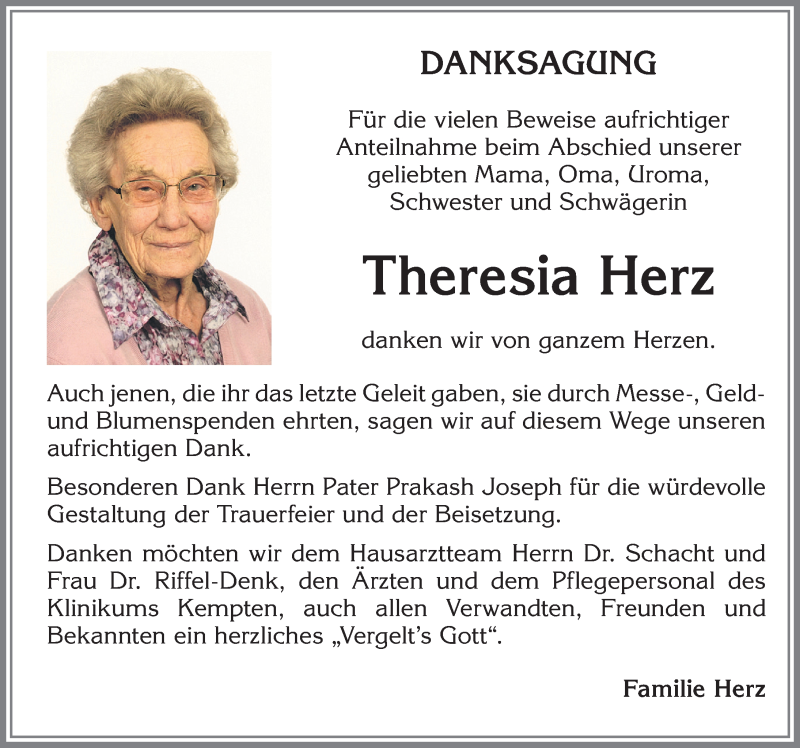 Traueranzeige von Theresia Herz von Allgäuer Zeitung,Kempten