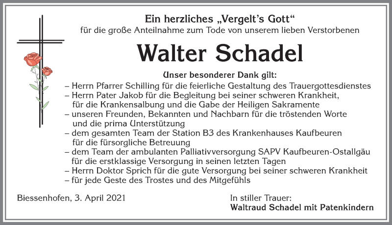 Traueranzeige von Walter Schadel von Allgäuer Zeitung, Kaufbeuren/Buchloe