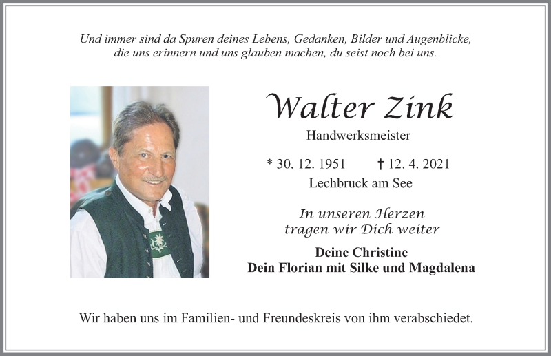 Traueranzeige von Walter Zink von Allgäuer Zeitung, Füssen