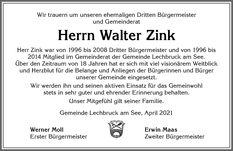 Traueranzeige von Walter Zink von Allgäuer Zeitung, Füssen