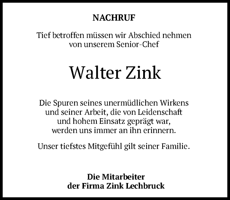 Traueranzeige von Walter Zink von Allgäuer Zeitung, Füssen