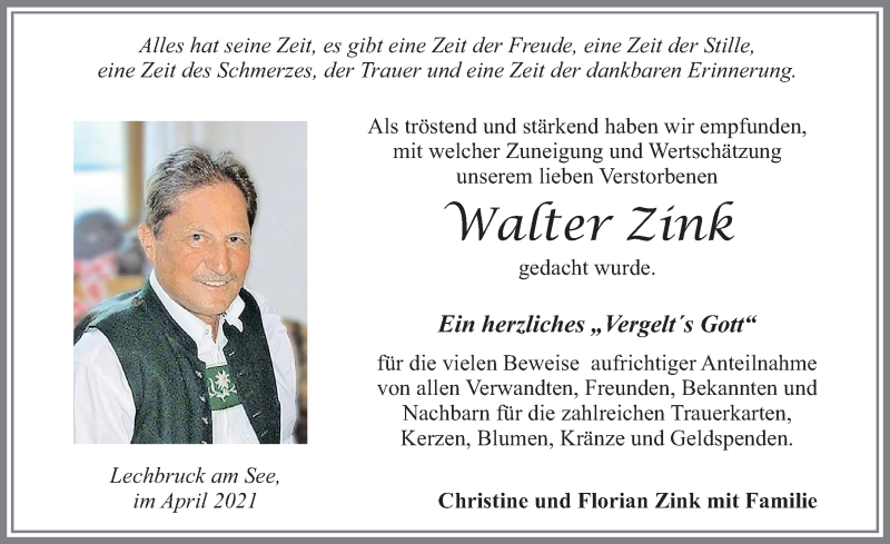 Traueranzeige von Walter Zink von Allgäuer Zeitung, Füssen