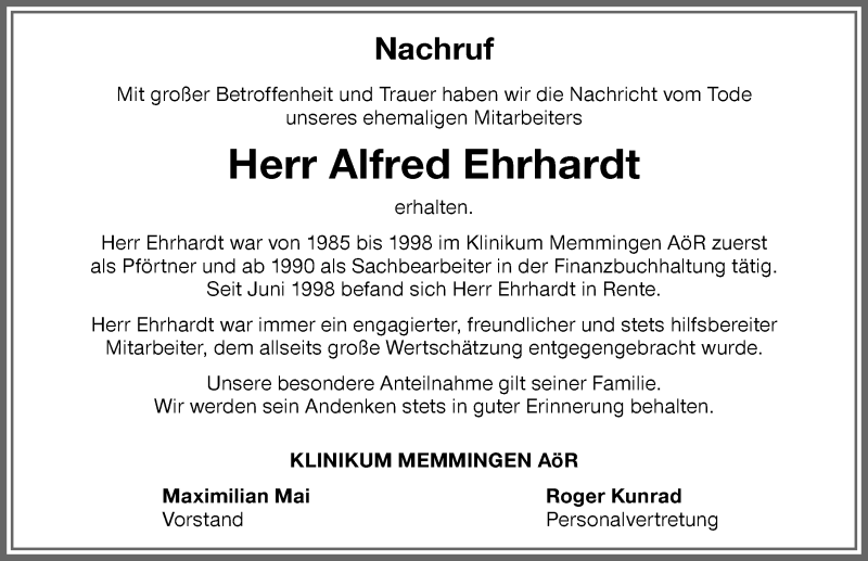 Traueranzeige von Alfred Ehrhardt von Memminger Zeitung