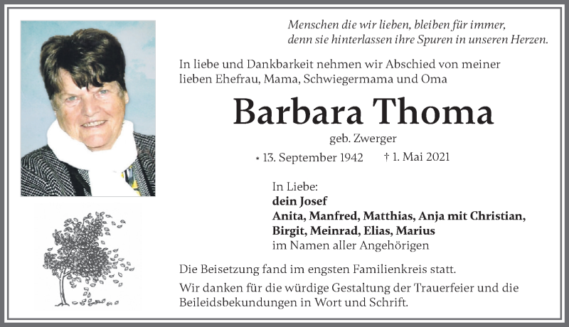 Traueranzeige von Barbara Thoma von Allgäuer Zeitung, Marktoberdorf