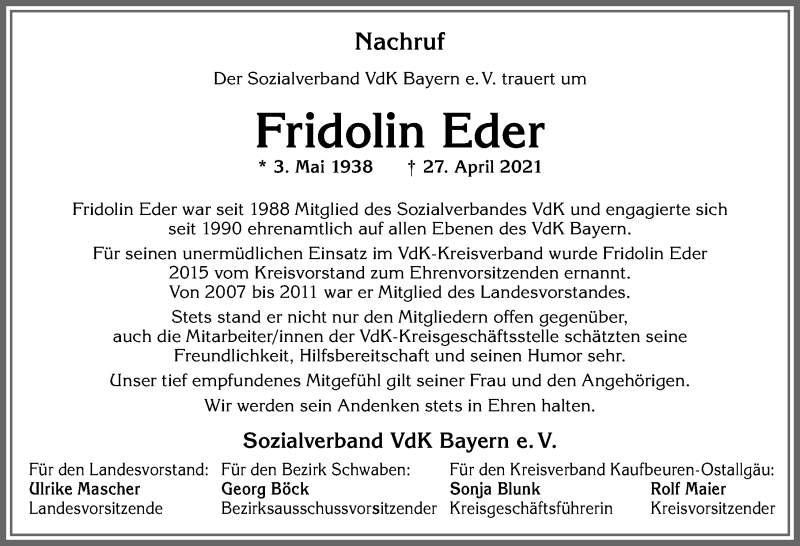 Traueranzeige von Fridolin Eder von Allgäuer Zeitung